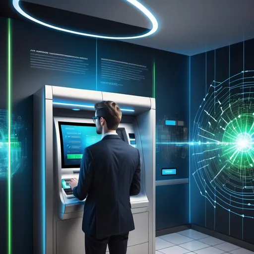 Prompt: A photorealistic depiction of a connected environment where everything is interconnected using data streams. The central focus is a customer, a young professional dressed in business casual attire, using a sleek, futuristic ATM with a glowing digital touchscreen interface. Above the ATM, glowing digital data streams, represented by vibrant lines in shades of blue, green, and white with visible binary code patterns, flow upwards into a semi-transparent cloud-shaped data warehouse.

From the cloud data warehouse, additional glowing data streams are shown branching out and connecting to a CRM system. The CRM is represented as a holographic interface floating in the air, showcasing analytics, graphs, and customer information in a futuristic style.

The scene is set in a vibrant modern urban city with glass skyscrapers reflecting sunlight, pedestrians walking by, and trees providing greenery in the background. The lighting combines natural sunlight with a futuristic glow from the digital elements, creating a blend of realism and technology. The data streams connect all elements seamlessly, emphasizing the interconnected digital ecosystem.

Artistic Style Tags: Photorealistic rendering, high detail, ultra HD, vibrant lighting, realistic reflections, glowing digital elements, cloud computing visualization, CRM system holographs, interconnected data streams, urban cityscape, binary code effects, seamless blend of realism and futuristic technology.

Aspect Ratio: Wide (1792x1024)