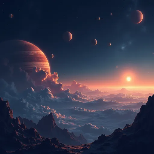 Prompt: Space landscape, many planets on the horizon, dark sky in the background, no spacecrafts, dreamy feeling with colorful toutch