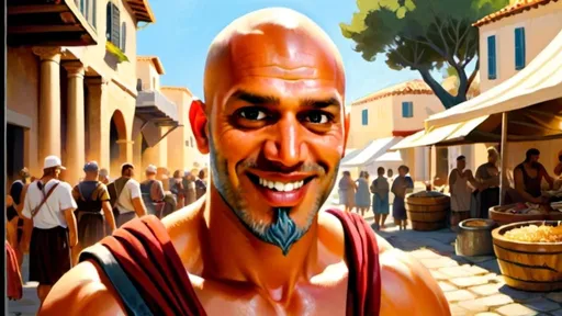 Prompt: Spartan warrior in Greek marketplace, traditional Greek foods, young beautiful female vendors, ancient warrior armor, bustling market scene, sunny Mediterranean lighting, oil painting, vibrant colors, high quality, detailed depiction, ancient Greece, Mediterranean setting, heroic figure, bustling activity, historical scene, traditional attire