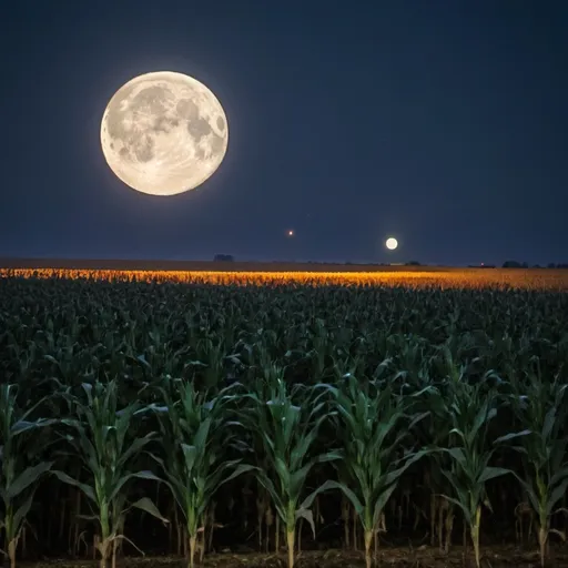 Prompt: big lunar over the fields of corn