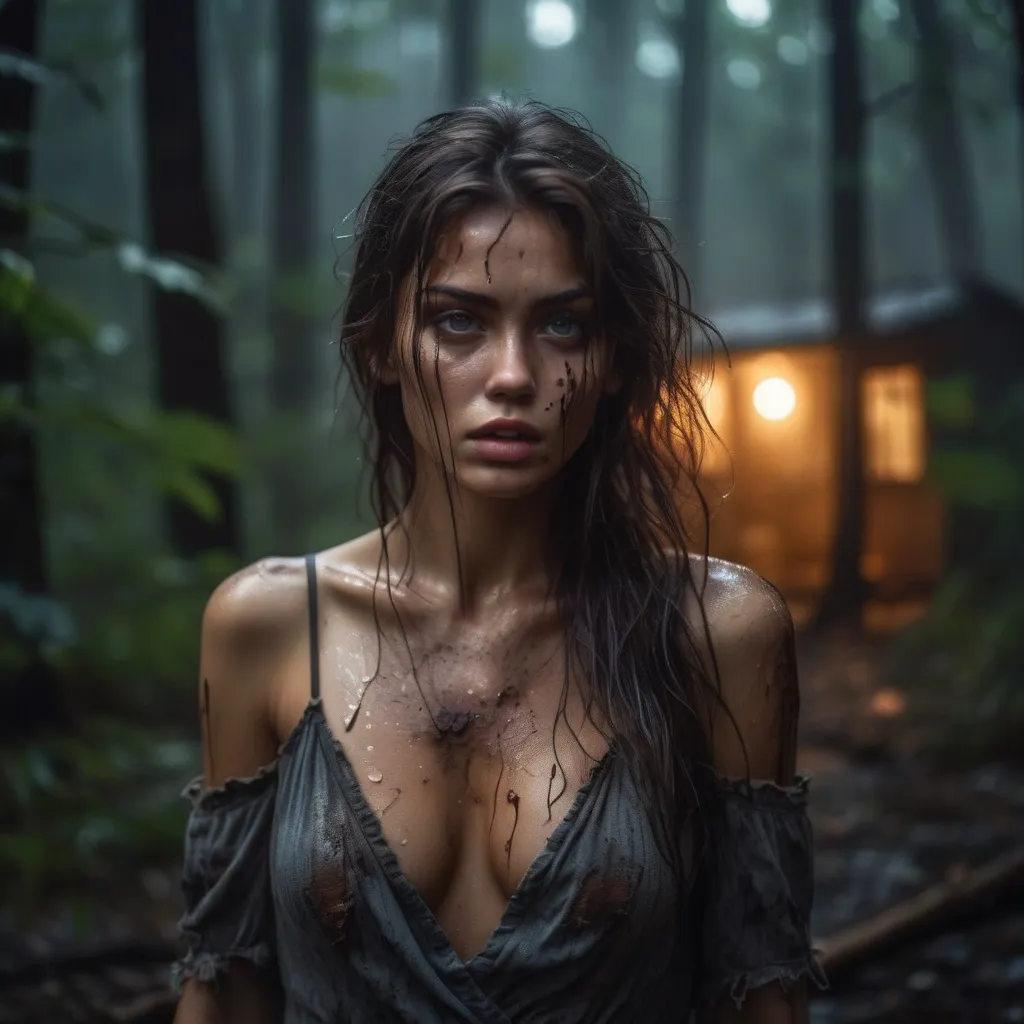 Prompt: Ultra realistic young katarina radivojevic with a little bit ruined eyes makeup, in torn ripped dirty dress starring at  sky,  in woods at night, very dark wet messy hair, tanned skin, exposed intimacy, crying look, full body image, , dim light, moonlight atmosphere, foggy