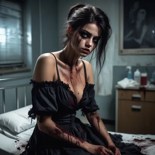 Prompt: Ultra realistic young katarina radivojevic with a little bit ruined eyes makeup, working in hospital,  dirt ripped, dress, at night, very dark  messy hair, tanned skin, exposed intimacy, crying look, full body image, , dim warm light, scary goth horror atmosphere