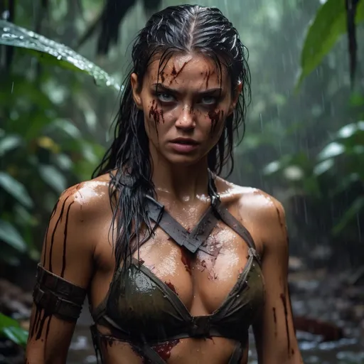 Prompt: Ultra realistic young katarina radivojevic with a little bit ruined eyes makeup, in torn dirty dress fighting predator,  in jungle, very dark wet messy hair, tanned skin, exposed intimacy, crying look, full body image, , dim light, storm atmosphere, 