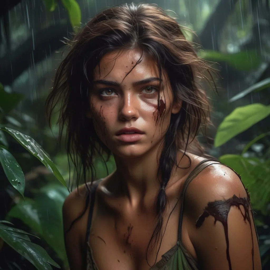 Prompt: Ultra realistic young katarina radivojevic with a little bit ruined eyes makeup, in torn dress emerging from flora,  in jungle, very dark messy hair, tanned skin, exposed intimacy, crying look, full body image, , dim light, storm atmosphere