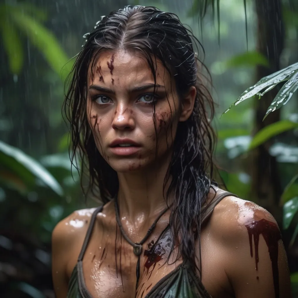 Prompt: Ultra realistic young katarina radivojevic with a little bit ruined eyes makeup, in torn dirty dress fighting predator,  in jungle, very dark wet messy hair, tanned skin, exposed intimacy, crying look, full body image, , dim light, storm atmosphere, 