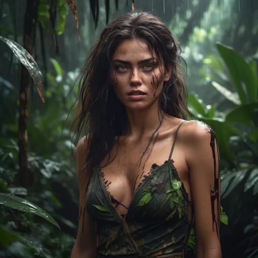 Prompt: Ultra realistic young katarina radivojevic with a little bit ruined eyes makeup, in torn dress emerging from flora,  in jungle, very dark messy hair, tanned skin, exposed intimacy, crying look, full body image, , dim light, storm atmosphere