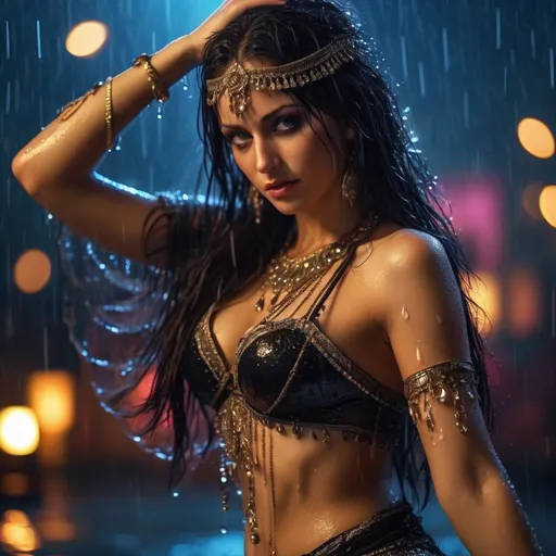 Prompt: Ultra realistic young katarina radivojevic as a belly dancer, with a eyes makeup,  very black wet messy hair, tanned skin, exposed intimacy, crying look, full body image, dim light, at rainy night, wet skin, wet cloth, vivid colors, starry eyes