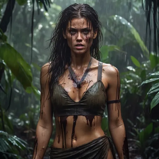 Prompt: Ultra realistic young katarina radivojevic with a little bit ruined eyes makeup, in torn dirty dress,  in jungle, very dark wet messy hair, tanned skin, exposed intimacy, crying look, full body image, , dim light, storm atmosphere, fighting predator
