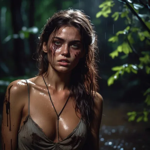 Prompt: Ultra realistic young katarina radivojevic with a little bit ruined eyes makeup, in torn dirty dress starring at  demons,  in woods at night, very dark wet messy hair, tanned skin, exposed intimacy, crying look, full body image, , dim light, moonlight atmosphere, 