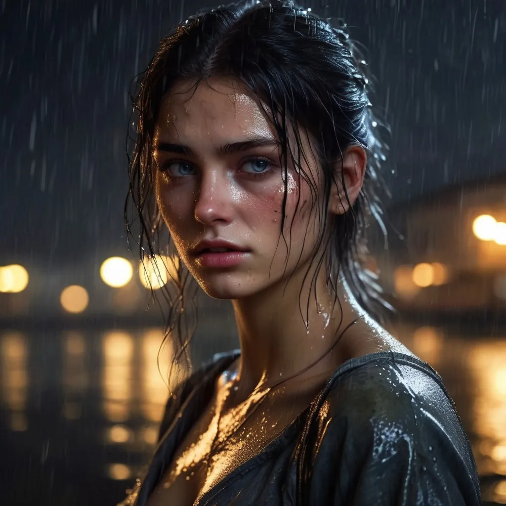 Prompt: Ultra realistic young katarina radivojevic, with a eyes makeup,  very black wet messy hair, tanned skin, exposed intimacy, crying look, full body image, dim light, at rainy night, wet skin, wet cloth, at Minas Tirith, vivid colors, starry eyes