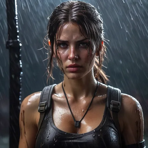 Prompt: Ultra realistic young katarina radivojevic as Lara Croft, with a eyes makeup,  very black wet messy hair, tanned skin, exposed intimacy, crying look, full body image, dim light, at rainy night, wet skin, wet cloth, working at oil rig, vivid colors, starry eyes