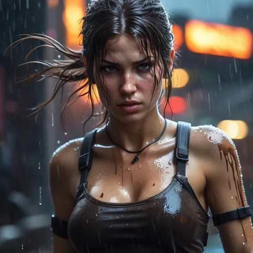 Prompt: Ultra realistic young katarina radivojevic as Lara Croft, with a eyes makeup,  very black wet messy hair, tanned skin, exposed intimacy, crying look, full body image, dim light, at rainy night, wet skin, wet cloth, jumping from top of building, vivid colors, starry eyes