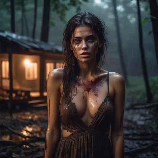 Prompt: Ultra realistic young katarina radivojevic with a little bit ruined eyes makeup, in torn ripped dirty dress starring at  sky,  in woods at night, very dark wet messy hair, tanned skin, exposed intimacy, crying look, full body image, , dim light, moonlight atmosphere, foggy