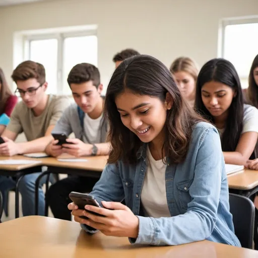 Prompt: a classroom full of college student using app on their cellphone with the teacher in front