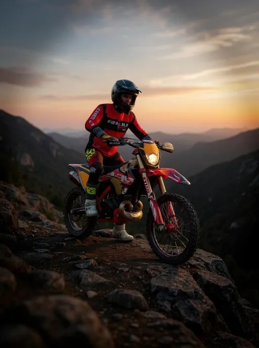 Prompt: A hyper-realistic photo of this powerful motorcycle standing in the edge for a big risk with big rocks, with a peaceful sunset sky, at the down bottom are a deep valley. Put fog in the background, motorcycle headlights on, dramatic low-angle wide shot, maintain scale and extreme detail and respect logos from the reference image, use vibrants colors, strong contrast, light and shadows detail, as the photo was taken wit a profesional camera and 4k resolution ultra high definition 