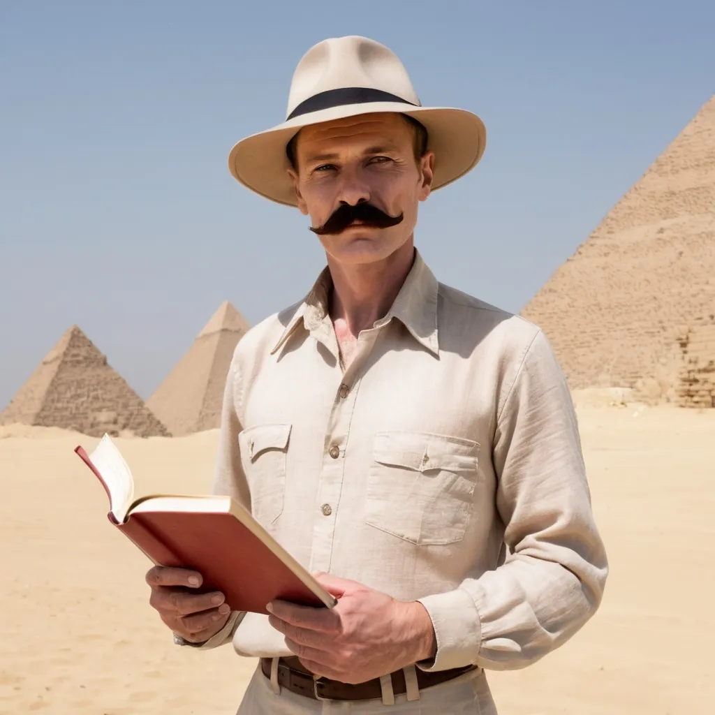 Prompt: Tall thin man in his 40s, with a well-shaped mustaches, standing next to pyramids. He's wearing a beige linen pants and full-sleeved linen shirt and has a white hat to protect from sun. He has very pale skin but his face is red from sun exposure. He's holding a book in his hand.