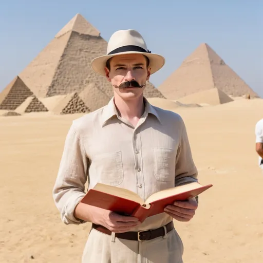 Prompt: Tall thin man in his 40s, with a well-shaped mustaches, standing next to pyramids. He's wearing a beige linen pants and full-sleeved linen shirt and has a white hat to protect from sun. He has very pale skin but his face is red from sun exposure. He's holding a book in his hand.