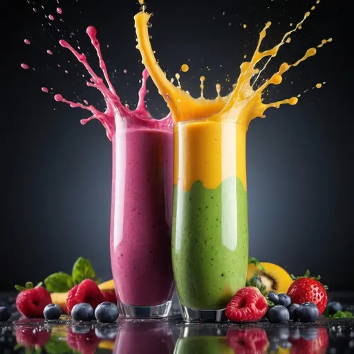 Prompt: Smoothie, Healthy and vibrant smoothie. Capture dramatic smoothie splash. Creative Dynamic compotition vary angle. Macro Food photography, taken by very high tech expensive camera. Eyecatching, mouthwatering and cavtivating. Photo product, great for poster promotion. 8k, HD quality, ultra realistic, hyper detailed. out of the box idea taken from different angle.