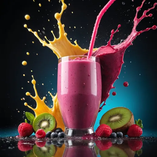 Prompt: Smoothie, Healthy and vibrant smoothie. Capture dramatic smoothie splash. Creative Dynamic compotition vary angle. Macro Food photography, taken by very high tech expensive camera. Eyecatching, mouthwatering and cavtivating. Photo product, great for poster promotion. 8k, HD quality, ultra realistic, hyper detailed. out of the box idea taken from different angle.