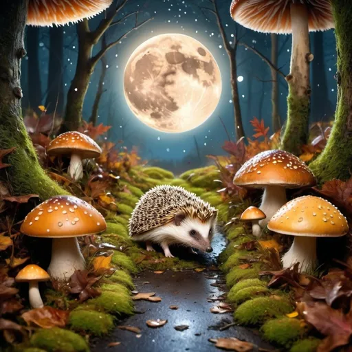 Prompt: Peaceful starry night with full moon, rainy autumn magic wood, focus on few hedgehogs in the middle of the path between mushrooms and mose, hiperrealistic photography