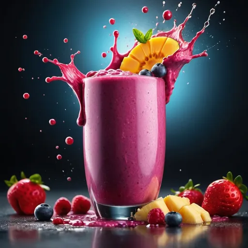 Prompt: Smoothie, Healthy and vibrant smoothie. Capture dramatic smoothie splash. Creative Dynamic compotition vary angle. Macro Food photography, taken by very high tech expensive camera. Eyecatching, mouthwatering and cavtivating. Photo product, great for poster promotion. 8k, HD quality, ultra realistic, hyper detailed. out of the box idea taken from different angle.