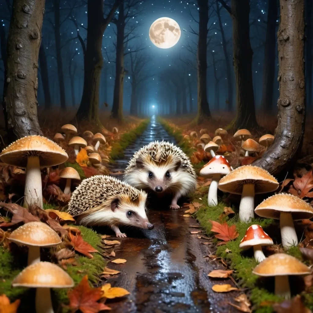 Prompt: Peaceful starry night with full moon, rainy autumn magic wood, focus on few hedgehogs in the middle of the path between mushrooms and mose, hiperrealistic photography