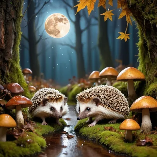 Prompt: Peaceful starry night with full moon, rainy autumn magic wood, focus on few hedgehogs in the middle of the path between mushrooms and mose, hiperrealistic photography