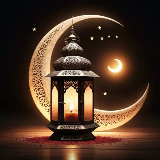 Prompt: Lantern, Ramadan, incense, crescent moon, Islamic atmosphere, magic of reassurance, realistic, 4K, HD