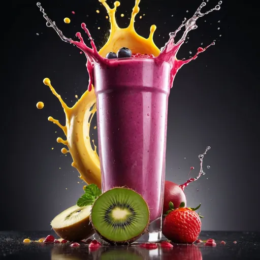 Prompt: Smoothie, Healthy and vibrant smoothie. Capture dramatic smoothie splash. Creative Dynamic compotition vary angle. Macro Food photography, taken by very high tech expensive camera. Eyecatching, mouthwatering and cavtivating. Photo product, great for poster promotion. 8k, HD quality, ultra realistic, hyper detailed. out of the box idea taken from different angle.