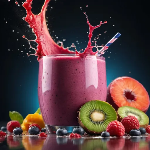 Prompt: Smoothie, Healthy and vibrant smoothie. Capture dramatic smoothie splash. Creative Dynamic compotition vary angle. Macro Food photography, taken by very high tech expensive camera. Eyecatching, mouthwatering and cavtivating. Photo product, great for poster promotion. 8k, HD quality, ultra realistic, hyper detailed. out of the box idea taken from different angle.