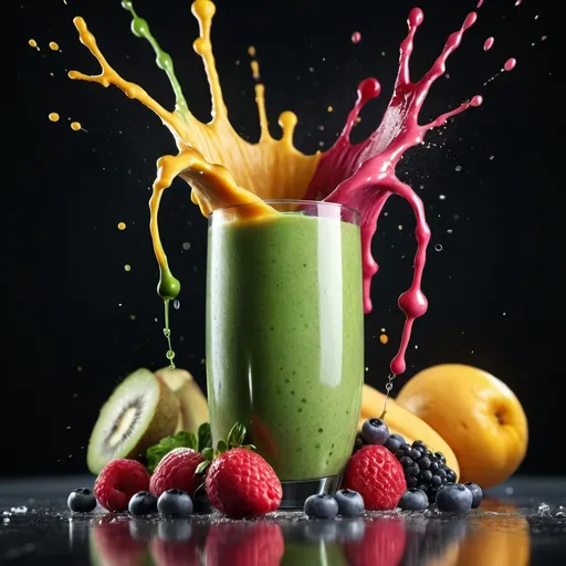 Prompt: Smoothie, Healthy and vibrant smoothie. Capture dramatic smoothie splash. Creative Dynamic compotition vary angle. Macro Food photography, taken by very high tech expensive camera. Eyecatching, mouthwatering and cavtivating. Photo product, great for poster promotion. 8k, HD quality, ultra realistic, hyper detailed. out of the box idea taken from different angle.