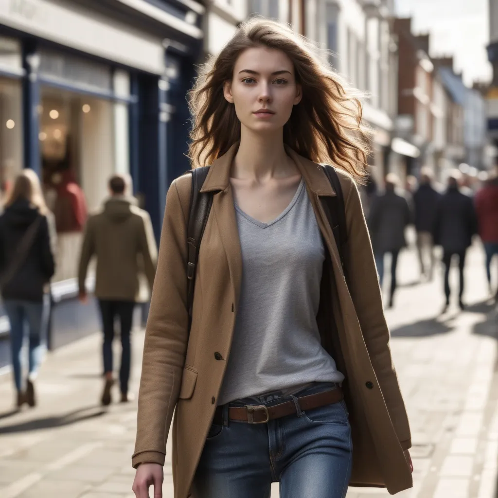 Prompt: Tall young woman walking down the high street, detailed clothing, realistic, natural lighting