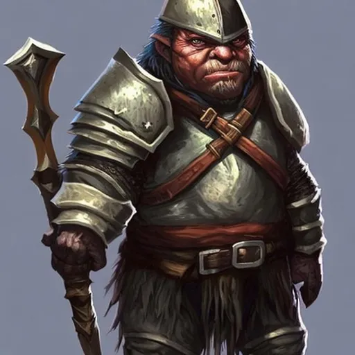 Prompt: I want to create a portrait character art for my D&D character. He is a black midget wearing full plate armor and has an axe in his left hand and shield in his right. He is very ugly and awkward looking and very short. Show his full body. 