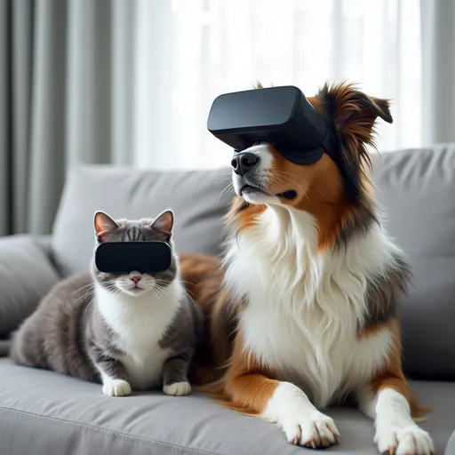 Prompt: "A cat and an Australian Shepherd dog wearing virtual reality glasses are sitting on a couch". The image features a gray and white cat and a brown, white, and black Australian Shepherd dog with black VR glasses, both positioned on a gray couch against a background of light gray and white curtains. The dog is in the foreground, slightly overlapping the cat, which is behind and to the left. The animals are looking in different directions, with the cat gazing upwards and to the left, and the dog looking straight ahead. The couch is a light gray, and the curtains in the background are a mix of light gray and white, creating a soft, diffused light. The overall composition is well-lit and focused, highlighting the animals and their e


ChatGPT said:


