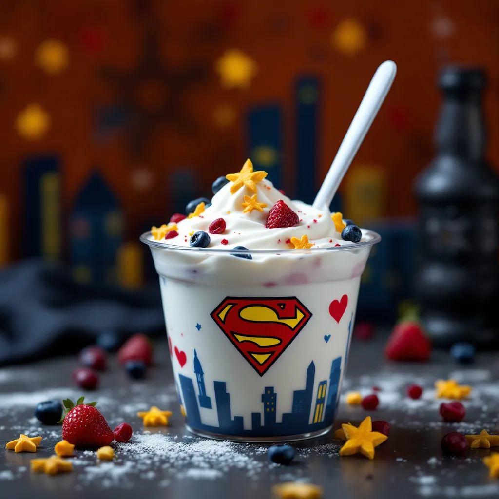 Prompt: crea un yogurt de 130g con tematica de superheroes
