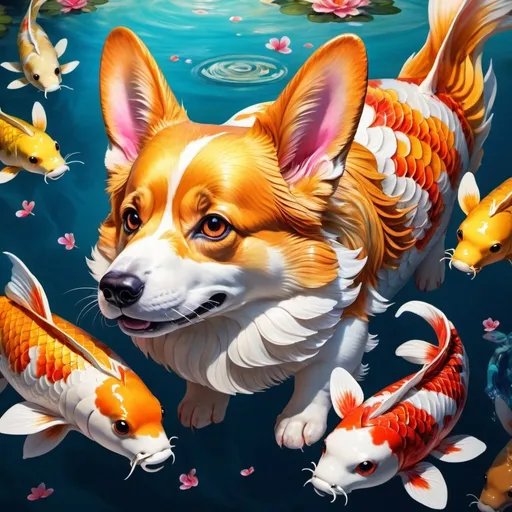 Prompt: Koi fish with corgi's head, vibrant coloration, aquatic fantasy art, detailed fur with flowing scales, mesmerizing and dreamlike, high quality, fantasy, aquatic, vibrant colors, detailed scales, regal, dreamy lighting