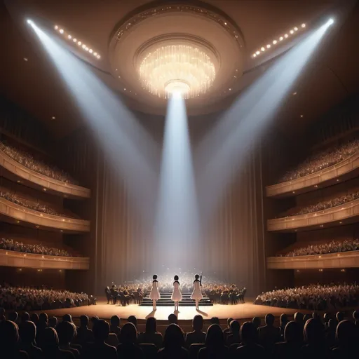 Prompt: Generate an image of a grand concert hall filled with an audience, bathed in soft, ethereal light. Arima and Kaori stand on stage, illuminated by a spotlight, surrounded by the glow of their music