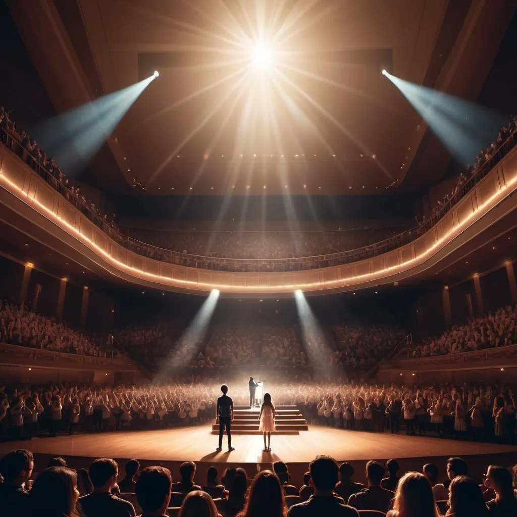 Prompt: Generate an image of a grand concert hall filled with an audience, bathed in soft, ethereal light. a boy and a girl stand on stage, illuminated by a spotlight, surrounded by the glow of their music