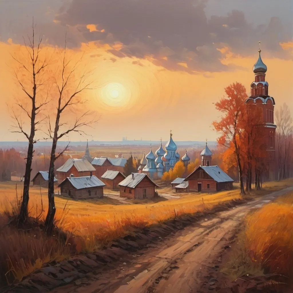 Prompt: painting of russian landscape, warm colors, little village in the distance. mysterious clocked man