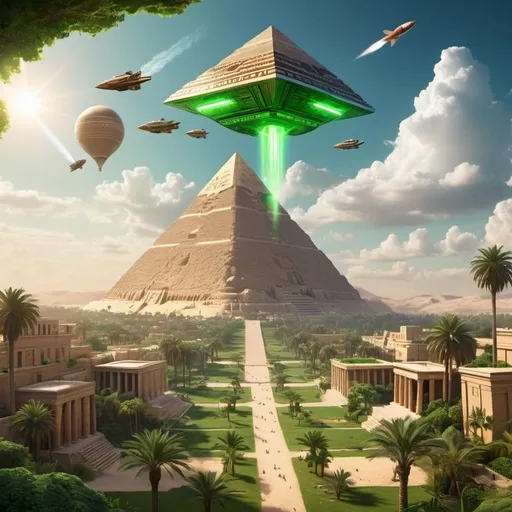 Prompt: a lush green valley with a high tech sky scraper, Egyptian pyramid, greek temple, and a rocketship in the air