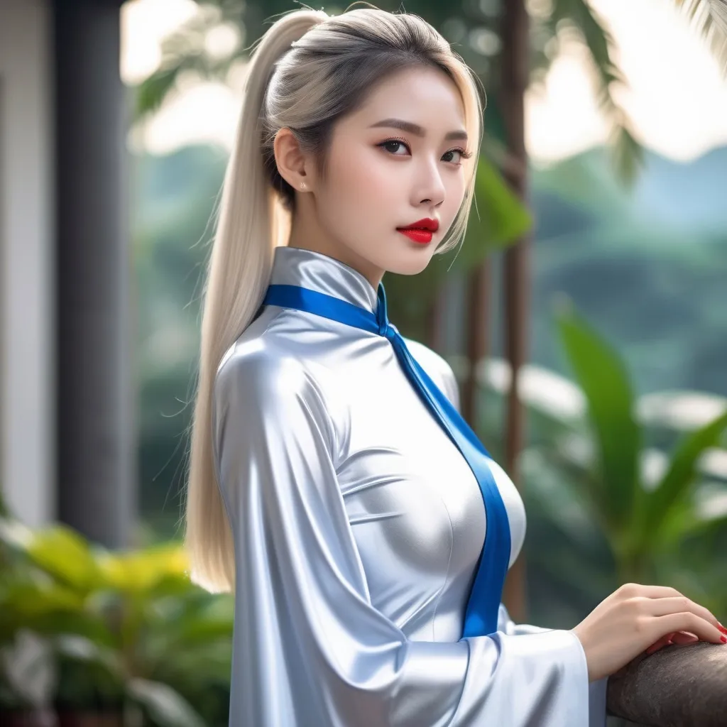 Prompt: long high collar shiny Silver cloak tied at the neck , ao dai vietnam girl, breathtakingly beautiful girl , platinum blonde hair, ponytail,  blue eyes , red lips , pencil skirt , full length , 8K , elfish undertones, , ultrarealistic, film grain