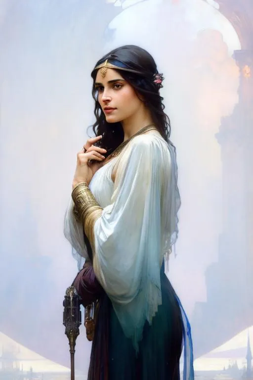 Prompt:  art by greg rutkowski, Alphonse Mucha, and John William Waterhouse, full body splash art of a very old sorceress, beautiful, friendly, looking at the camera, masterpiece, sensual, desire, open eyes, visible face, 8k, highly detailed, intricate, smooth, sharp focus, artstation, digital painting, concept art, D&D, fantasy, 