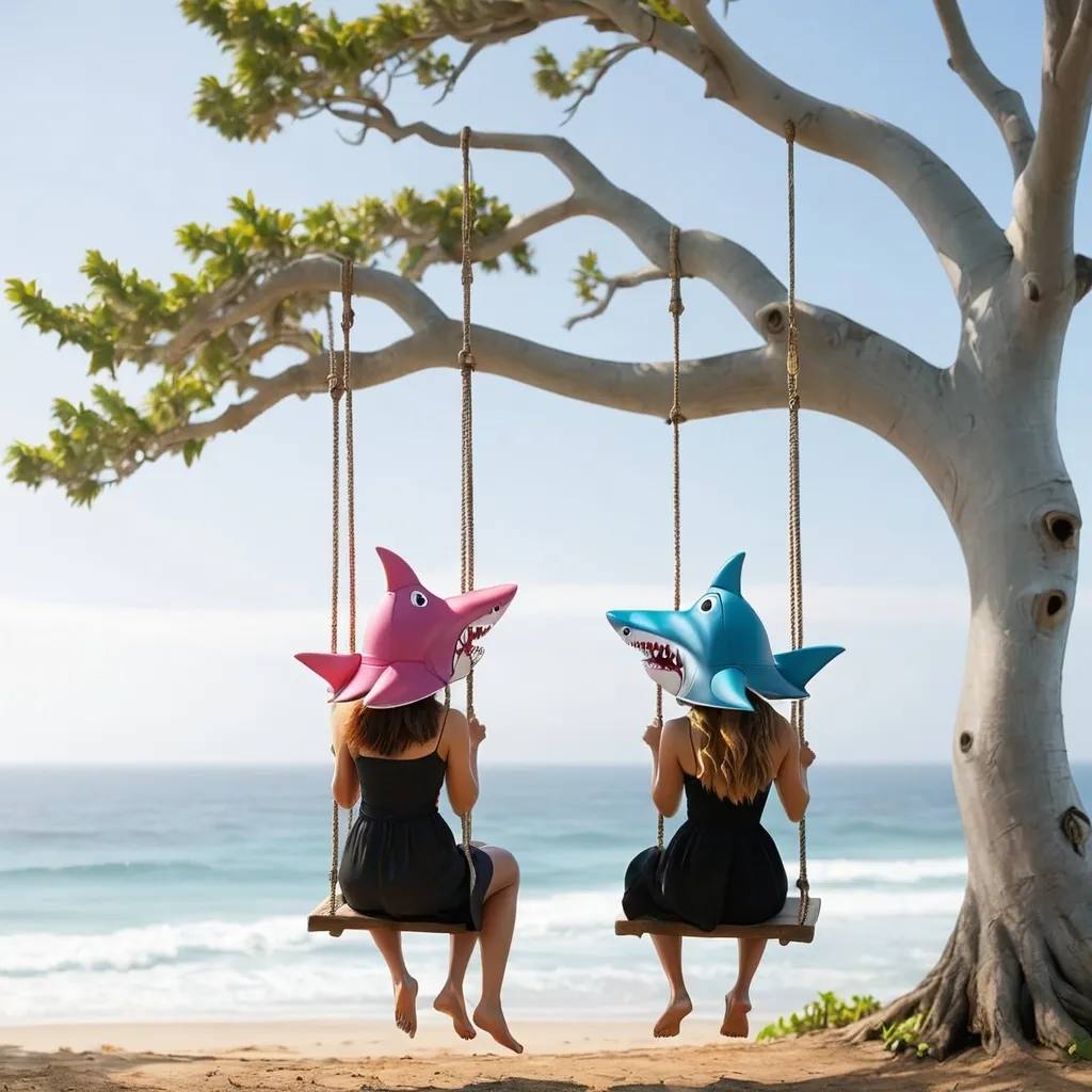 Prompt: Two women wearing shark hats On a tree swing looking over the ocean