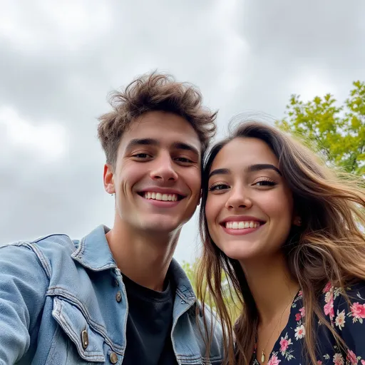 Prompt: Against a backdrop of muted gray clouds, two young individuals share a close-up moment, their smiles illuminated by soft, diffused light. The person on the left wears a light blue denim jacket over a dark shirt, exuding a casual charm, while the individual on the right, adorned in a floral-patterned top, has long hair that cascades softly around her face. Both appear relaxed and joyful, positioning themselves playfully for the camera as vibrant green trees hint at a natural setting below. The composition's upward angle captures their expressions prominently, creating an intimate atmosphere while the cloudy sky adds a touch of serenity to the scene.