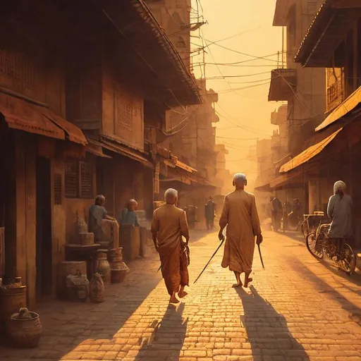 Prompt: Old man walking on the street at sunset, traditional painting, dusty streets, warm and golden hues, detailed facial wrinkles, traditional attire, atmospheric lighting, sunset glow, oil painting, warm tones, nostalgic, detailed surroundings, traditional architecture, high quality, detailed portrayal, serene ambiance