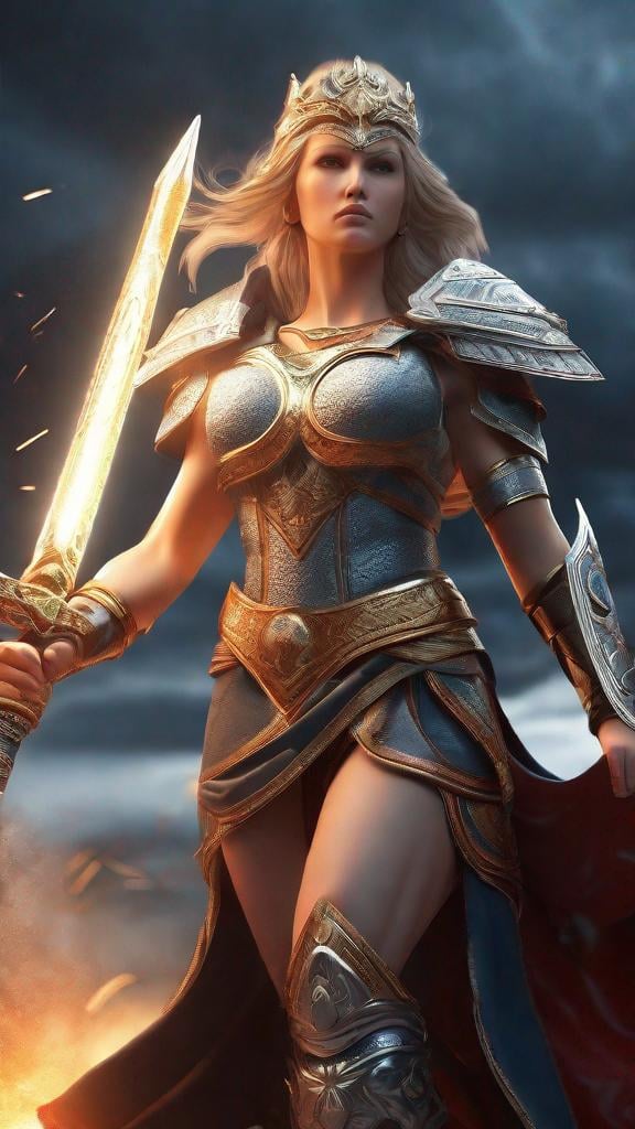Prompt: Wrath of Female Goddess, Angry Goddess, Warrior ,Goddess holding her heavenly weapon which looks 
like battle weapon made of godly magic ,photorealistic render, 8k ultra hd image