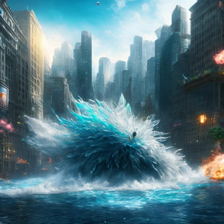 Prompt: A water goddess wrecking havoc on a city, photorealistic image, ultra realistic age, hd render