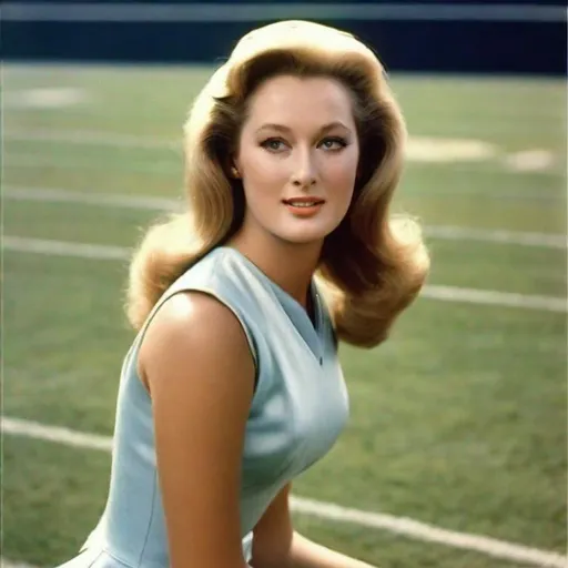 Prompt: Young Meryl Streep in 1960s cheerleader performance, photorealistic render, beautiful face, full body , color photography