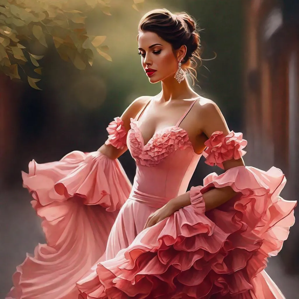 Prompt: Make a realistic image of  a female flamenco dancer with s beautiful dress of ruffles and ample cleavage, ,dress flowing Beautifully