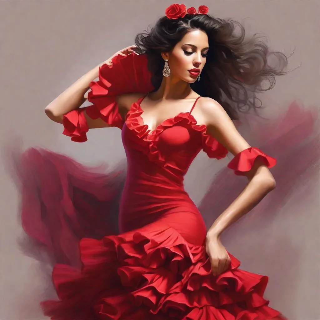 Prompt: Make a realistic image of  a female flamenco dancer with s beautiful dress of ruffles and ample cleavage, ,dress flowing Beautifully